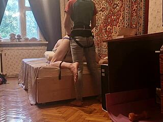 Slim Russian mistress Anastasia pegs slave Sasha's ass homemade hard