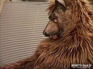 Big bad wolf costume guy bursts in and pounds maid's hairy pussy hard!
