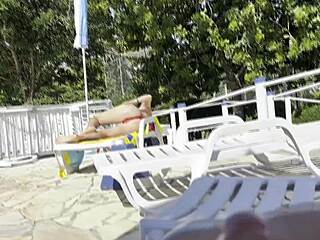 Milf Spots Jerking Cock By Pool And Drains It Dry