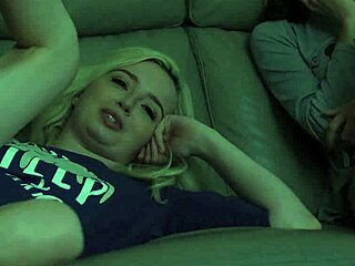 scary movie night and these petite teens share couch riding stepdad's cock hard