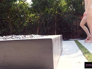 neighbor peeks as izzy lush bends over showing her tight wet pussy for fucking