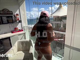 Married slut flashes hotwife bikini pussy on apartment balcony