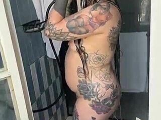 Sexy Tattooed Blonde Alina Models Clean Shower Bath