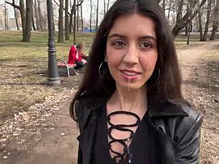 Teen Walks Park with Face Covered in Thick Cumshot Load!