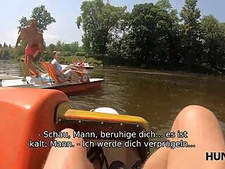 chubby german milf with big natural tits licks balls and fucks stranger outdoors while bf watches