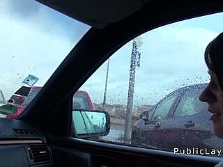 A hot brunette amateur babe flashes then bangs hardcore in public car with strangers watching