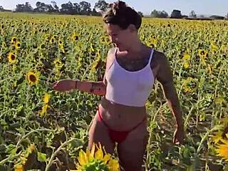 brazilian damiana safada flashes curvy tits ass public sunflower field europe ep6