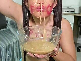 brunette pigtails eats junk food then pukes on tits!