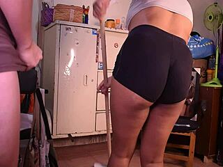 Cleaning maid trades big ebony ass cumshot for coins in voyeur homemade tease