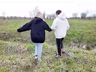 Skinny nympho girlfriend's wild rough public outdoor sex facial