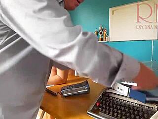 boss dominates enf secretary on phone with office blowjob