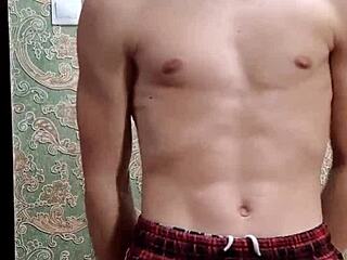 flexible skinny boy shows off body after studying?