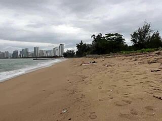 hottie flashes tits on beach and takes my public cumshot