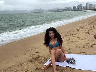 hottie flashes tits on beach and takes my public cumshot