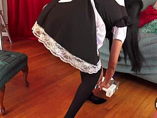 french maid's sexy skirt upskirt stockings make vacuuming so teasingly erotic 😘🧹