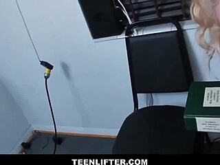 Cute tiny blonde thief Sadie Hartz strip searched fucked by mall cop Peter Green