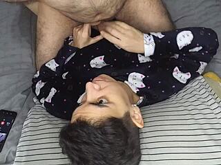 handjob leads to cum mouthful and swallow before bed