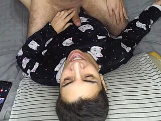 handjob leads to cum mouthful and swallow before bed