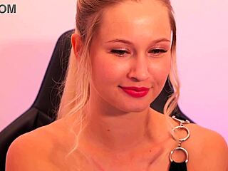 Red-lipsticked beauty seductively sucks and teases her finger solo