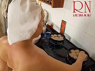 naked nudist housewife regina noir strips maid style in kitchen!