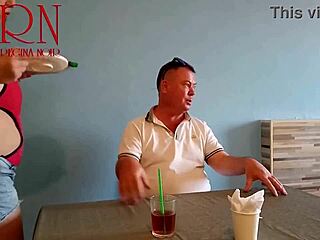 Naked waitress serves food from navel to horny restaurant guest!