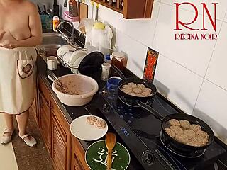 naked nudist housewife regina noir strips maid style in kitchen!