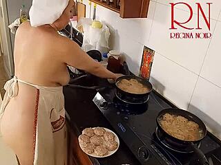 naked nudist housewife regina noir strips maid style in kitchen!