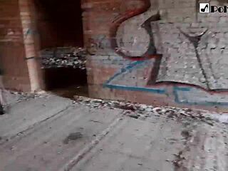 Fucked Her Boyfriend Hard Pegging In Abandoned Building Outdoors!