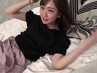 Cute japanese law student petite legs spread wide in bra on bed
