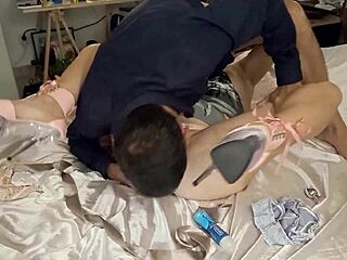 sexy french milf in rose panties and green satin nightie spreads legs for pov doggystyle ass licking and fingering