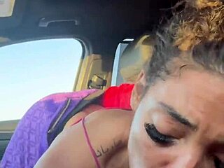 Curly Babe Deepthroats Monster Cock in Car