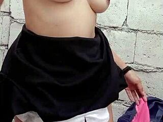 Hey sexy pinay teen shoves huge dildo deep solo construction site