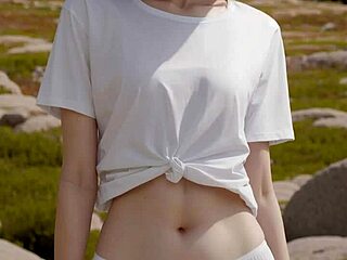 Sexy lingerie models pose barefoot in rocky mountains panties