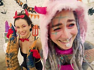 anuskatzz and stacy bloom lick asses atm halloween lesbian dildo play