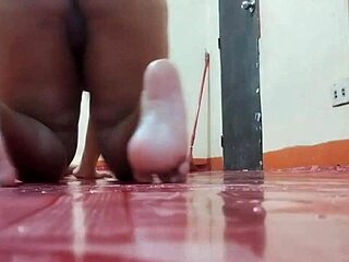 bbw asian babe scrubs floors barefoot, her fat tits jiggle seductively