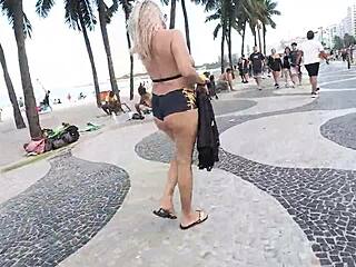 Blonde Milf Flashes Mini Shorts on Copacabana Beach Tease