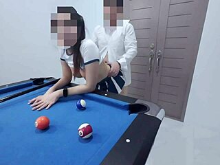 daddy, this cute thai teen babysitter climbed the pool table moaning for my hard doggystyle creampie