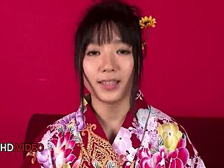 Chiharu slips out of her kimono for a sloppy blowjob before the wild fuck heats up
