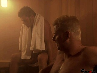 so this busty girlfriend strips in the sauna for some deep pussy licking action