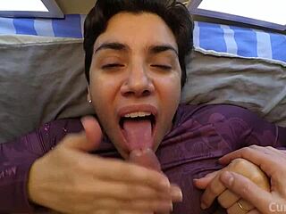 Wasted cumshot ruins hot bed handjob and blowjob quickie