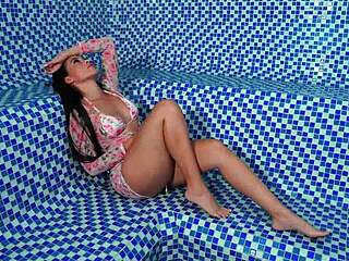 colombian brunette babe bends for soldier's monster cock in public sauna