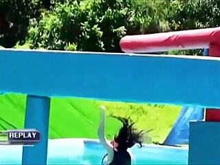Pretty Danish Bikini Girls Slip in Pool Wipeout Fun