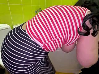 stepson fucks stepmom's fat ass in toilet shows her huge tits