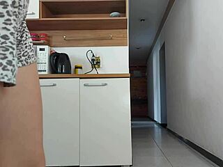 Risky kitchen fuck with hubby's friend while he showers almost caught