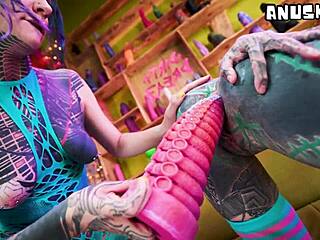 hey, these alt goths are fisting shaved asses with huge toys and cumming hard!