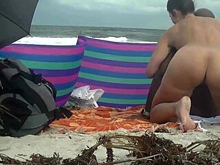 Caribbean cuckold wife flashes hairy pussy for bbc on nude beach!