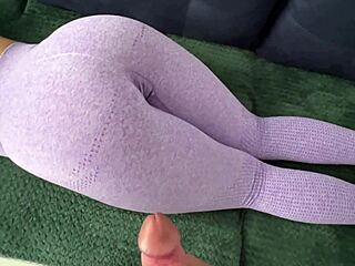 cumshot blasts all over stepsister's tight yoga leggings