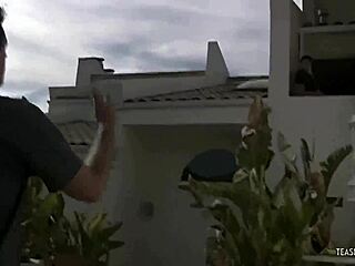 Naughty brunette milf couple balcony cowgirl ride ends in facial cumshot