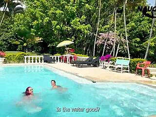 lesbians lick pussy poolside in hot fun