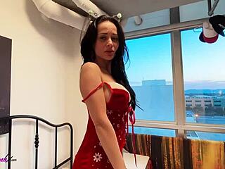 Sexy christmas cosplay babe deepthroats monster cock then rides rough cowgirl style